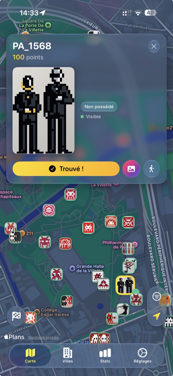 Map of the Invaders at La Villette in the InvaderHunter app